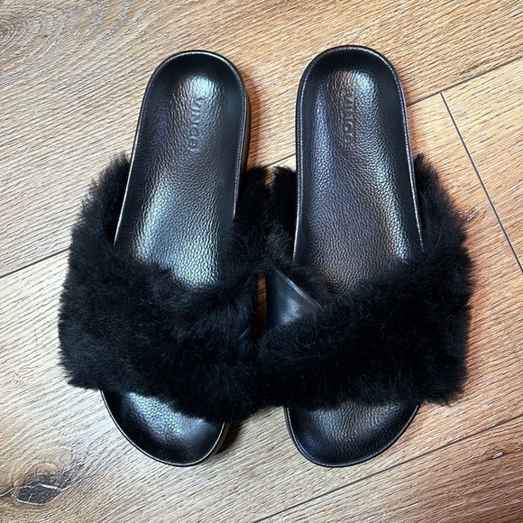 Vince Garrison Black Fur & Leather Pool Slide Size 41/11M - Picture 2 of 7